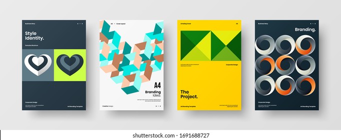 Company identity brochure template collection. Business presentation vector A4 vertical orientation front page mock up set. Corporate report cover abstract geometric illustration design layout bundle.