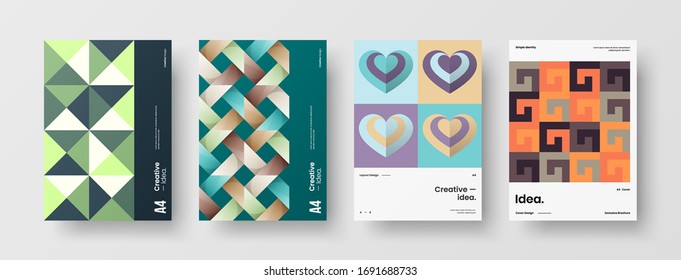 Company identity brochure template collection. Business presentation vector A4 vertical orientation front page mock up set. Corporate report cover abstract geometric illustration design layout bundle.