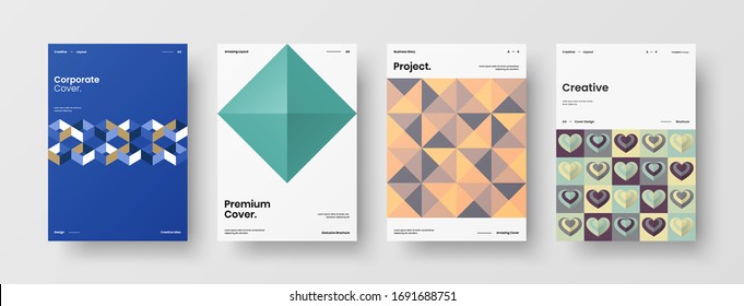 Company identity brochure template collection. Business presentation vector A4 vertical orientation front page mock up set. Corporate report cover abstract geometric illustration design layout bundle.