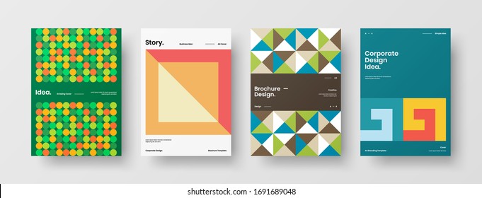 Company identity brochure template collection. Business presentation vector A4 vertical orientation front page mock up set. Corporate report cover abstract geometric illustration design layout bundle.