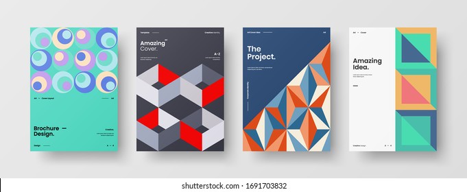 Company identity brochure template collection. Business presentation vector A4 vertical orientation front page mock up set. Corporate report cover abstract geometric illustration design layout bundle.