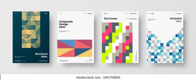 Company identity brochure template collection. Business presentation vector A4 vertical orientation front page mock up set. Corporate report cover abstract geometric illustration design layout bundle.