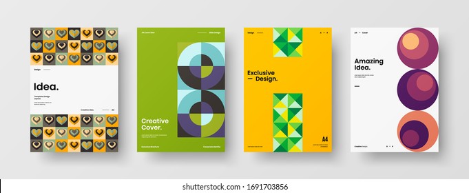 Company identity brochure template collection. Business presentation vector A4 vertical orientation front page mock up set. Corporate report cover abstract geometric illustration design layout bundle.