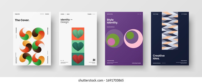 Company identity brochure template collection. Business presentation vector A4 vertical orientation front page mock up set. Corporate report cover abstract geometric illustration design layout bundle.