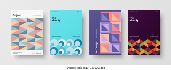 Company identity brochure template collection. Business presentation vector A4 vertical orientation front page mock up set. Corporate report cover abstract geometric illustration design layout bundle.
