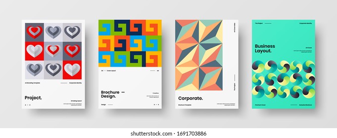 Company identity brochure template collection. Business presentation vector A4 vertical orientation front page mock up set. Corporate report cover abstract geometric illustration design layout bundle.