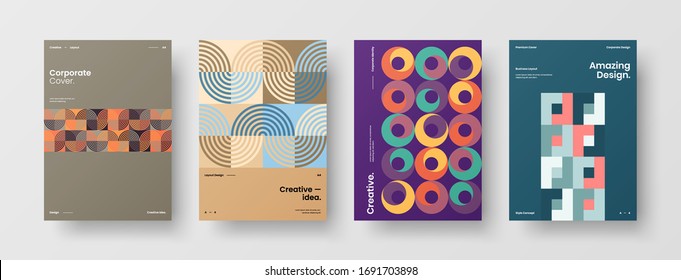 Company identity brochure template collection. Business presentation vector A4 vertical orientation front page mock up set. Corporate report cover abstract geometric illustration design layout bundle.
