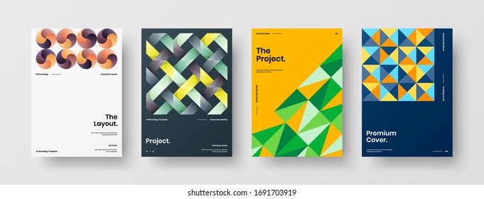 Company identity brochure template collection. Business presentation vector A4 vertical orientation front page mock up set. Corporate report cover abstract geometric illustration design layout bundle.