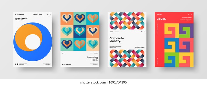 Company identity brochure template collection. Business presentation vector A4 vertical orientation front page mock up set. Corporate report cover abstract geometric illustration design layout bundle.