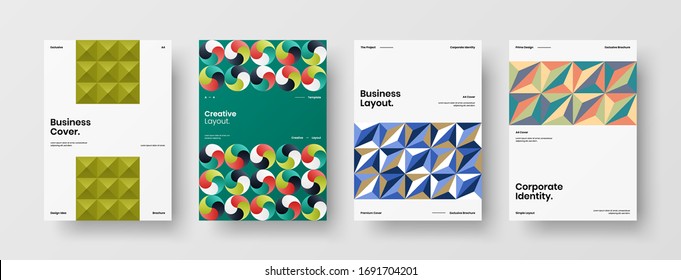 Company identity brochure template collection. Business presentation vector A4 vertical orientation front page mock up set. Corporate report cover abstract geometric illustration design layout bundle.