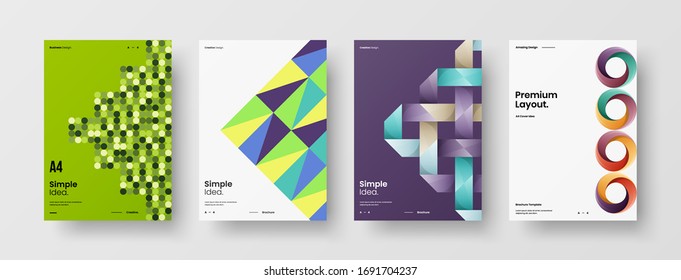 Company identity brochure template collection. Business presentation vector A4 vertical orientation front page mock up set. Corporate report cover abstract geometric illustration design layout bundle.