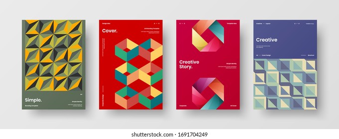 Company identity brochure template collection. Business presentation vector A4 vertical orientation front page mock up set. Corporate report cover abstract geometric illustration design layout bundle.