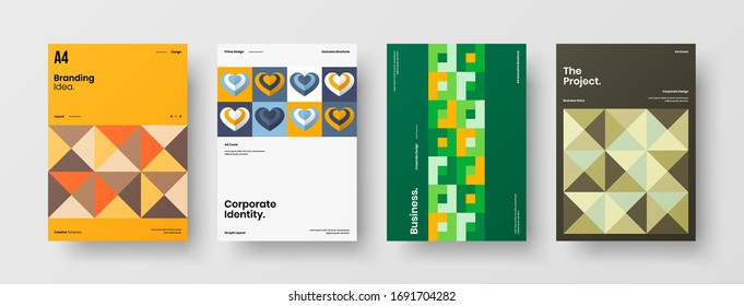 Company identity brochure template collection. Business presentation vector A4 vertical orientation front page mock up set. Corporate report cover abstract geometric illustration design layout bundle.