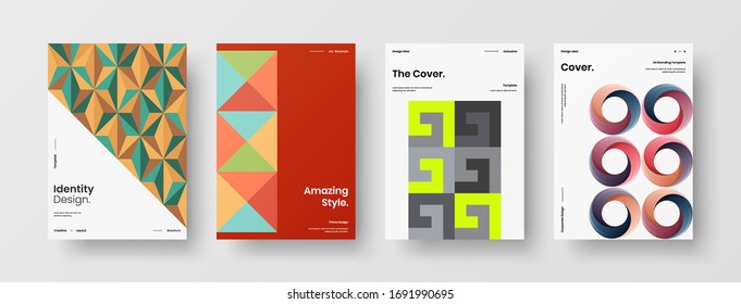 Company identity brochure template collection. Business presentation vector A4 vertical orientation front page mock up set. Corporate report cover abstract geometric illustration design layout bundle.