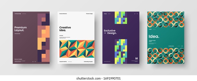 Company identity brochure template collection. Business presentation vector A4 vertical orientation front page mock up set. Corporate report cover abstract geometric illustration design layout bundle.