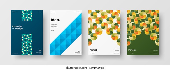 Company identity brochure template collection. Business presentation vector A4 vertical orientation front page mock up set. Corporate report cover abstract geometric illustration design layout bundle.
