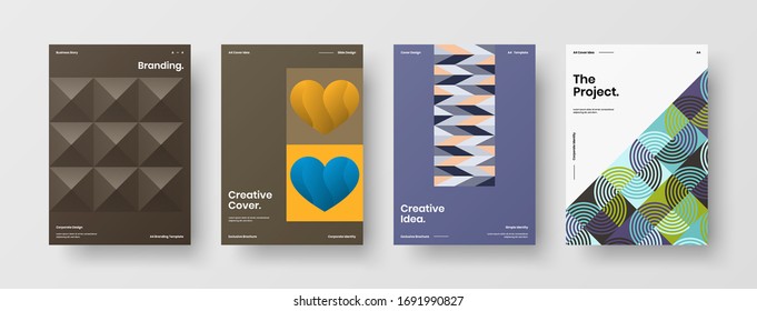 Company identity brochure template collection. Business presentation vector A4 vertical orientation front page mock up set. Corporate report cover abstract geometric illustration design layout bundle.