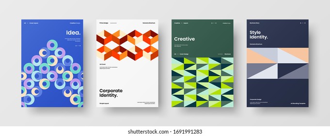 Company identity brochure template collection. Business presentation vector A4 vertical orientation front page mock up set. Corporate report cover abstract geometric illustration design layout bundle.