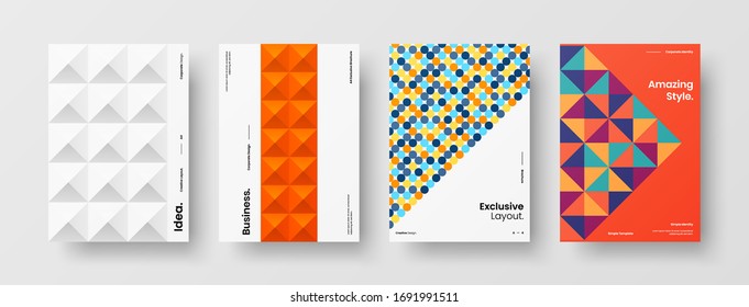 Company identity brochure template collection. Business presentation vector A4 vertical orientation front page mock up set. Corporate report cover abstract geometric illustration design layout bundle.