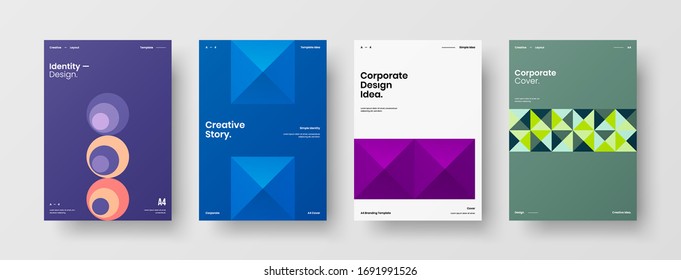 Company identity brochure template collection. Business presentation vector A4 vertical orientation front page mock up set. Corporate report cover abstract geometric illustration design layout bundle.