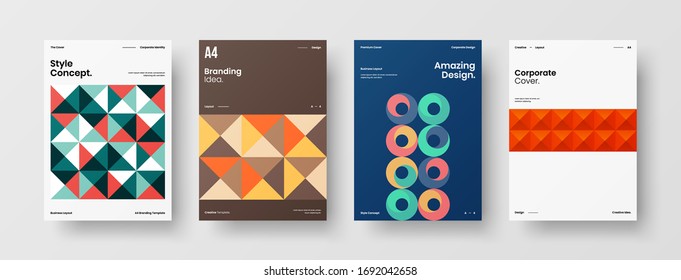 Company identity brochure template collection. Business presentation vector A4 vertical orientation front page mock up set. Corporate report cover abstract geometric illustration design layout bundle.