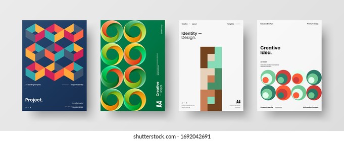 Company identity brochure template collection. Business presentation vector A4 vertical orientation front page mock up set. Corporate report cover abstract geometric illustration design layout bundle.