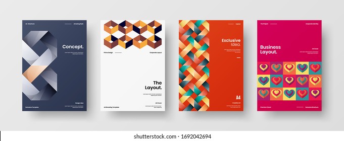 Company identity brochure template collection. Business presentation vector A4 vertical orientation front page mock up set. Corporate report cover abstract geometric illustration design layout bundle.