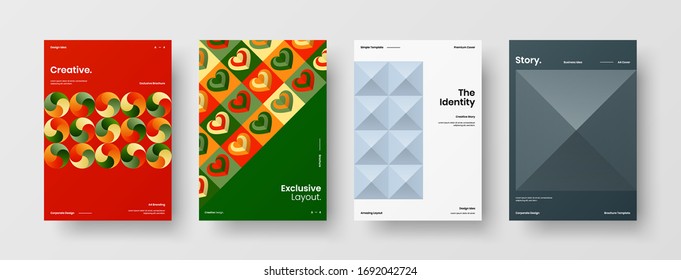 Company identity brochure template collection. Business presentation vector A4 vertical orientation front page mock up set. Corporate report cover abstract geometric illustration design layout bundle.