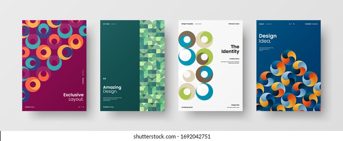 Company identity brochure template collection. Business presentation vector A4 vertical orientation front page mock up set. Corporate report cover abstract geometric illustration design layout bundle.