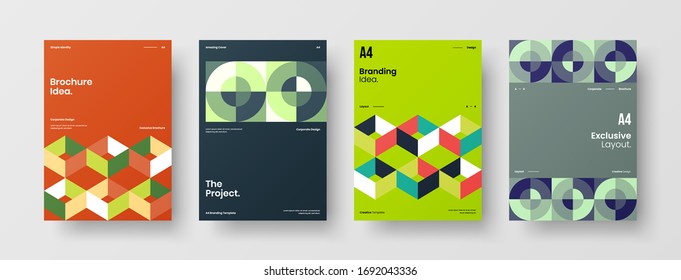 Company identity brochure template collection. Business presentation vector A4 vertical orientation front page mock up set. Corporate report cover abstract geometric illustration design layout bundle.