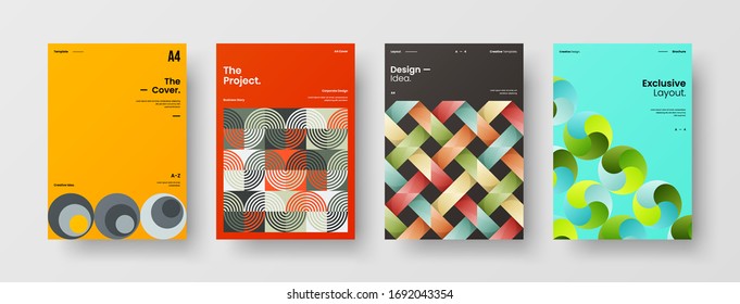 Company identity brochure template collection. Business presentation vector A4 vertical orientation front page mock up set. Corporate report cover abstract geometric illustration design layout bundle.