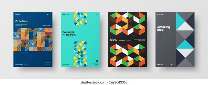 Company identity brochure template collection. Business presentation vector A4 vertical orientation front page mock up set. Corporate report cover abstract geometric illustration design layout bundle.