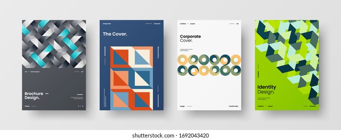 Company identity brochure template collection. Business presentation vector A4 vertical orientation front page mock up set. Corporate report cover abstract geometric illustration design layout bundle.