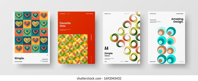 Company identity brochure template collection. Business presentation vector A4 vertical orientation front page mock up set. Corporate report cover abstract geometric illustration design layout bundle.