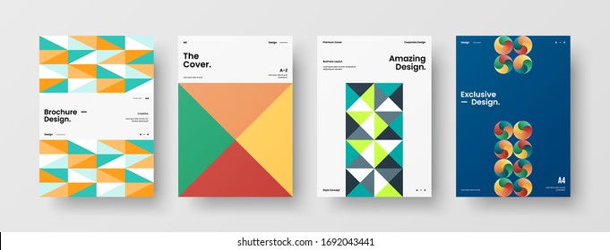 Company identity brochure template collection. Business presentation vector A4 vertical orientation front page mock up set. Corporate report cover abstract geometric illustration design layout bundle.