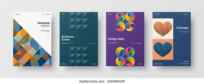 Company identity brochure template collection. Business presentation vector A4 vertical orientation front page mock up set. Corporate report cover abstract geometric illustration design layout bundle.