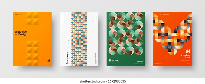 Company identity brochure template collection. Business presentation vector A4 vertical orientation front page mock up set. Corporate report cover abstract geometric illustration design layout bundle.