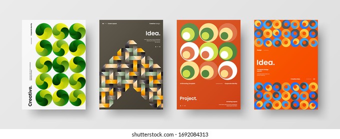Company identity brochure template collection. Business presentation vector A4 vertical orientation front page mock up set. Corporate report cover abstract geometric illustration design layout bundle.
