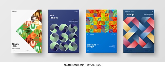 Company identity brochure template collection. Business presentation vector A4 vertical orientation front page mock up set. Corporate report cover abstract geometric illustration design layout bundle.