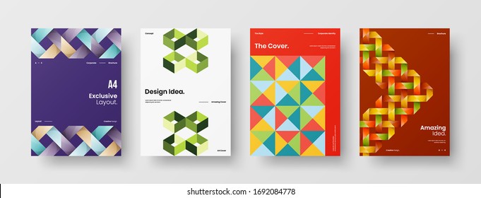 Company identity brochure template collection. Business presentation vector A4 vertical orientation front page mock up set. Corporate report cover abstract geometric illustration design layout bundle.