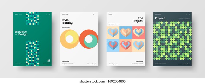 Company identity brochure template collection. Business presentation vector A4 vertical orientation front page mock up set. Corporate report cover abstract geometric illustration design layout bundle.