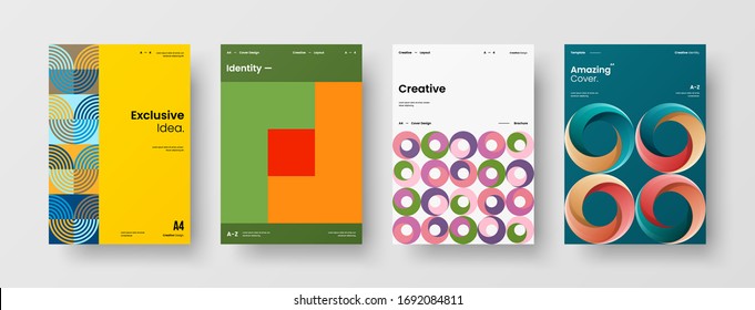 Company identity brochure template collection. Business presentation vector A4 vertical orientation front page mock up set. Corporate report cover abstract geometric illustration design layout bundle.
