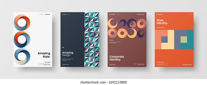 Company identity brochure template collection. Business presentation vector A4 vertical orientation front page mock up set. Corporate report cover abstract geometric illustration design layout bundle.