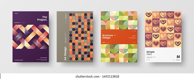 Company identity brochure template collection. Business presentation vector A4 vertical orientation front page mock up set. Corporate report cover abstract geometric illustration design layout bundle.