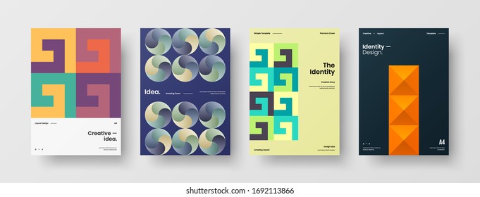 Company identity brochure template collection. Business presentation vector A4 vertical orientation front page mock up set. Corporate report cover abstract geometric illustration design layout bundle.