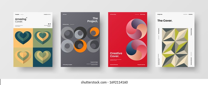 Company identity brochure template collection. Business presentation vector A4 vertical orientation front page mock up set. Corporate report cover abstract geometric illustration design layout bundle.