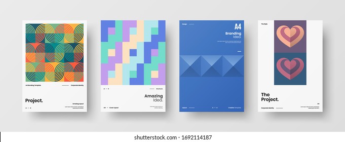 Company identity brochure template collection. Business presentation vector A4 vertical orientation front page mock up set. Corporate report cover abstract geometric illustration design layout bundle.