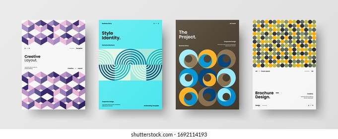 Company identity brochure template collection. Business presentation vector A4 vertical orientation front page mock up set. Corporate report cover abstract geometric illustration design layout bundle.