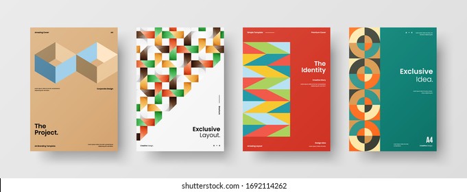 Company identity brochure template collection. Business presentation vector A4 vertical orientation front page mock up set. Corporate report cover abstract geometric illustration design layout bundle.