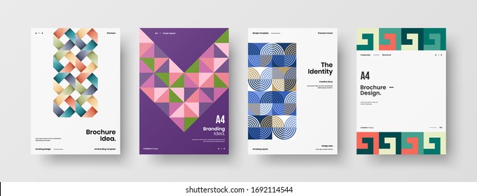 Company identity brochure template collection. Business presentation vector A4 vertical orientation front page mock up set. Corporate report cover abstract geometric illustration design layout bundle.